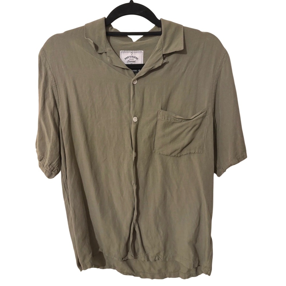 Portuguese Flannel Mens Short Sleeve Camp Collar Shirt Olive Green Small S